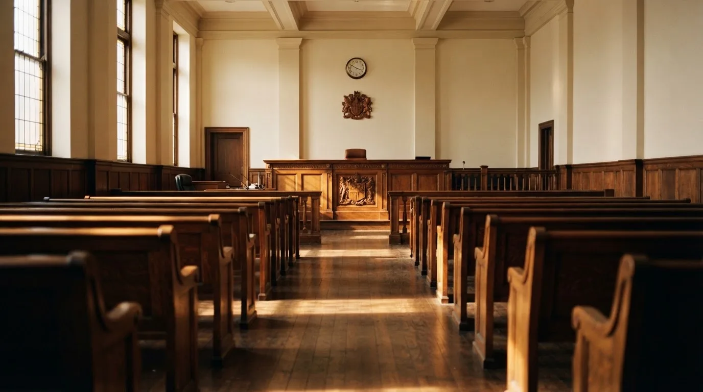 An empty courtroom with wooden benches in morning light