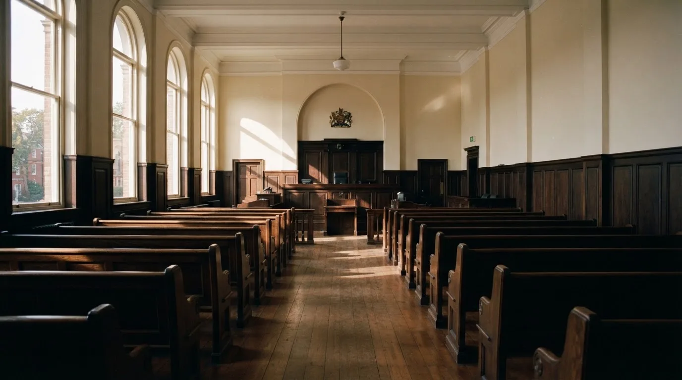 An empty courtroom with wooden benches in morning light