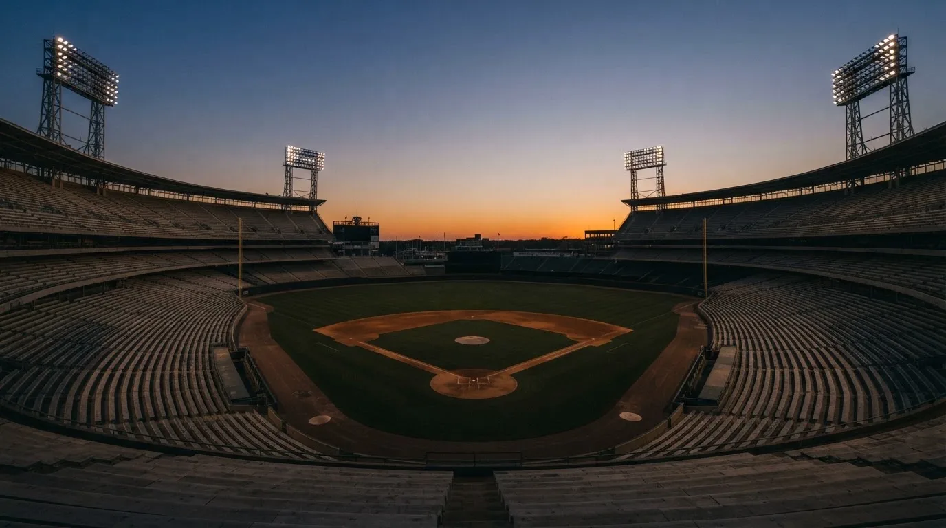 An empty football stadium with floodlight masts at dusk