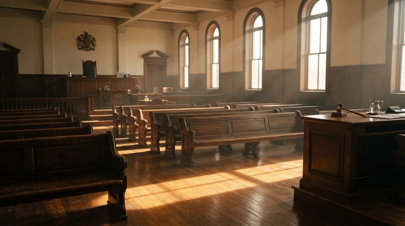 An empty courtroom with wooden benches in morning light
