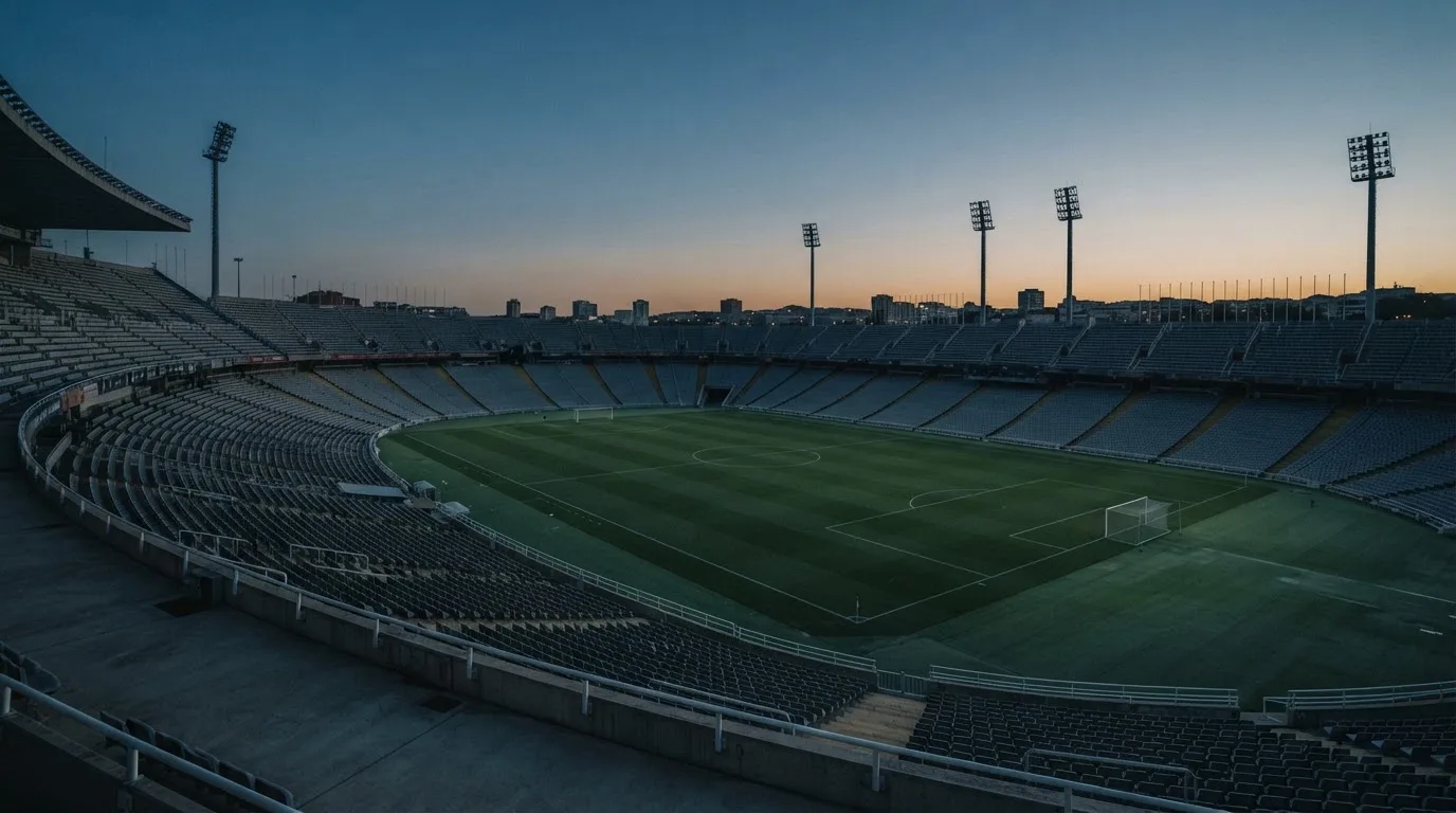 An empty football stadium with floodlight masts at dusk