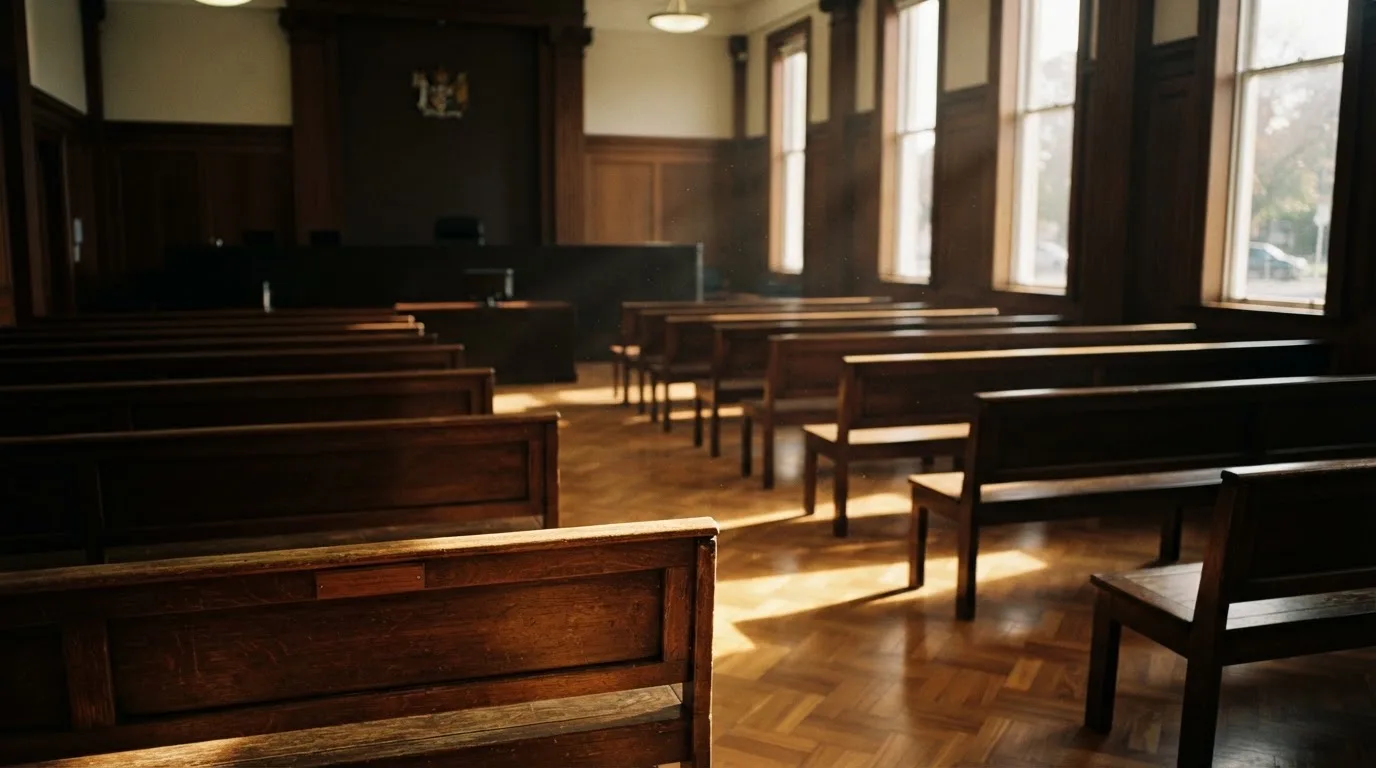 An empty courtroom with wooden benches in morning light