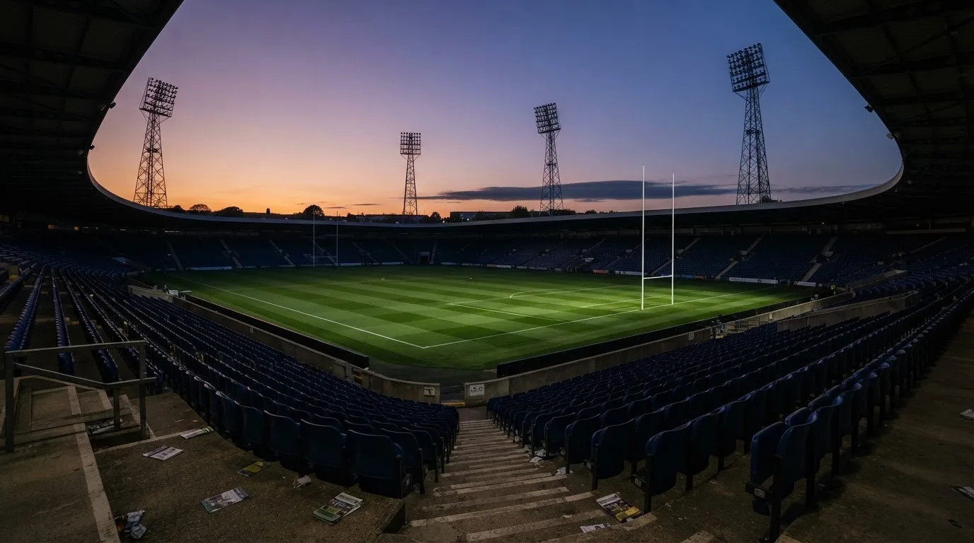 An empty football stadium with floodlight masts at dusk
