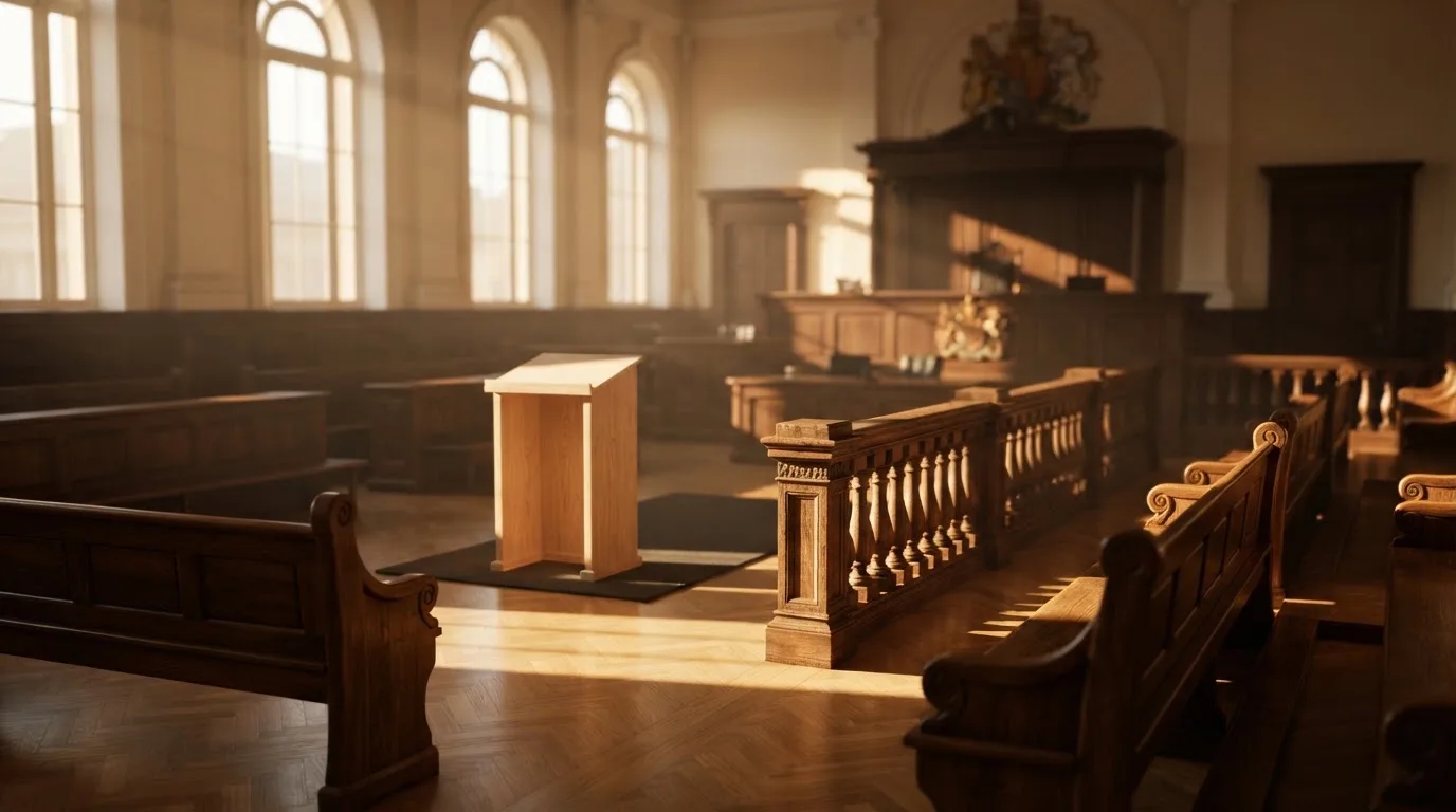 An empty courtroom with wooden benches in morning light
