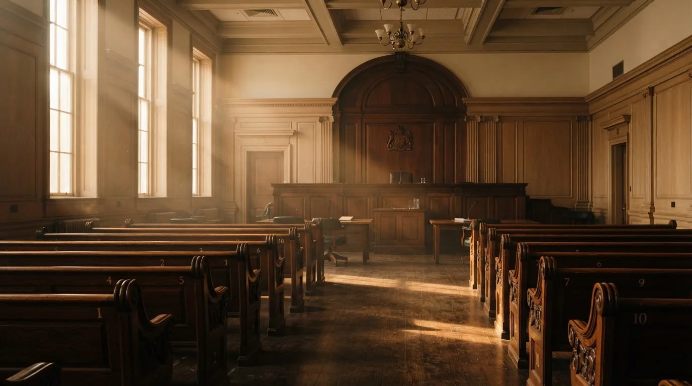 An empty courtroom with wooden benches in morning light