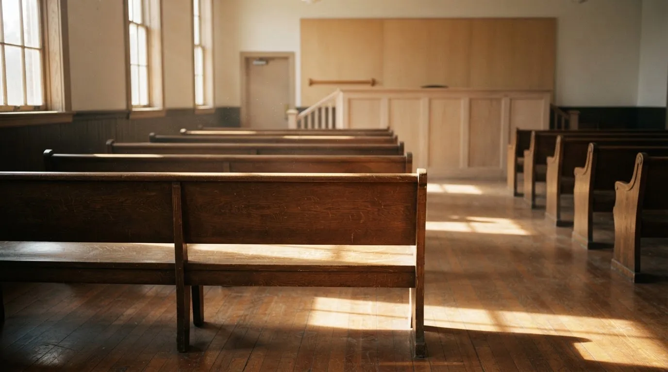 An empty courtroom with wooden benches in morning light