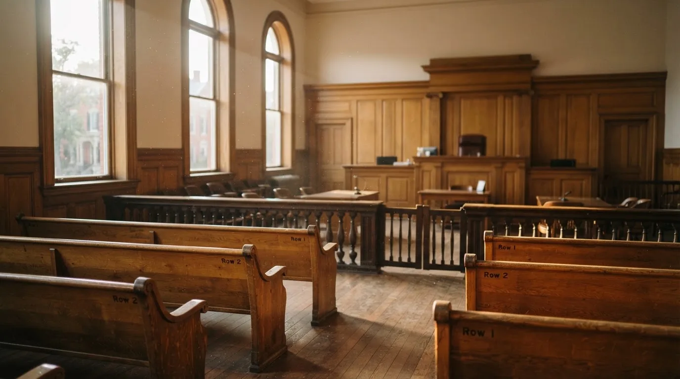 An empty courtroom with wooden benches in morning light