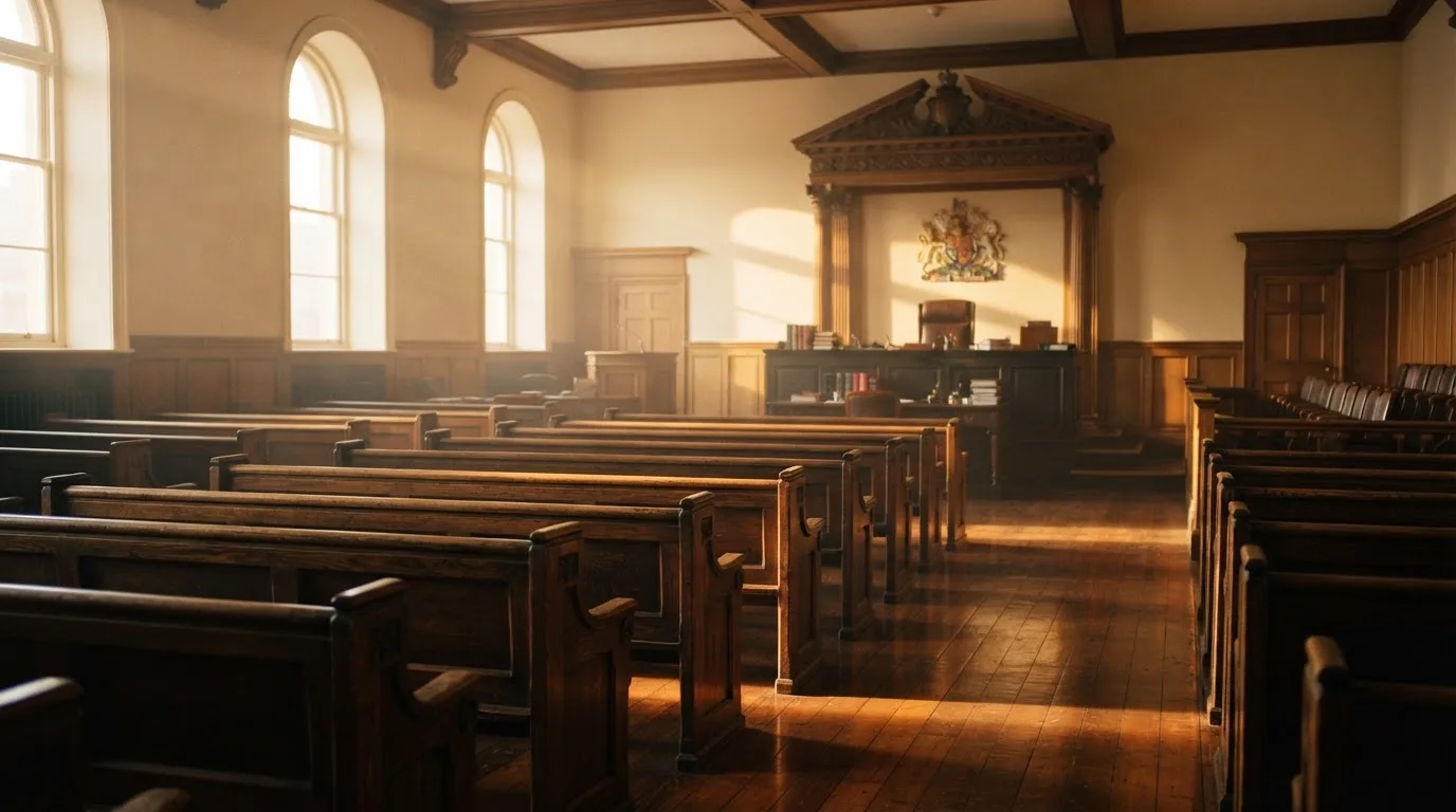 An empty courtroom with wooden benches in morning light
