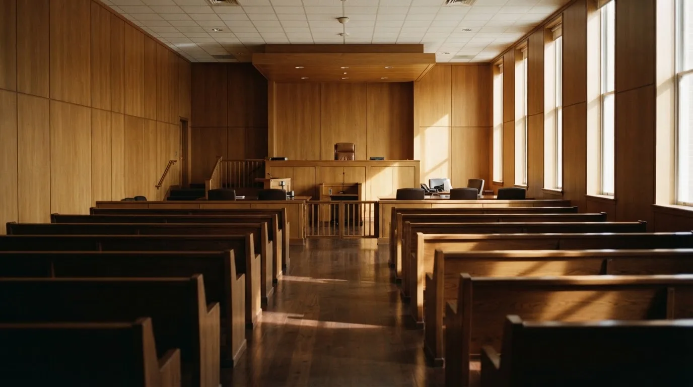 An empty courtroom with wooden benches in morning light