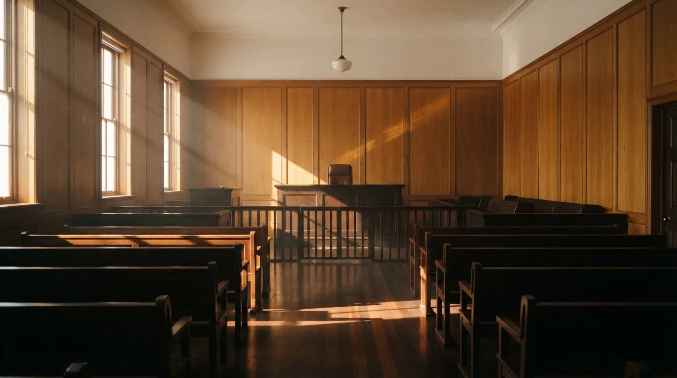 An empty courtroom with wooden benches in morning light