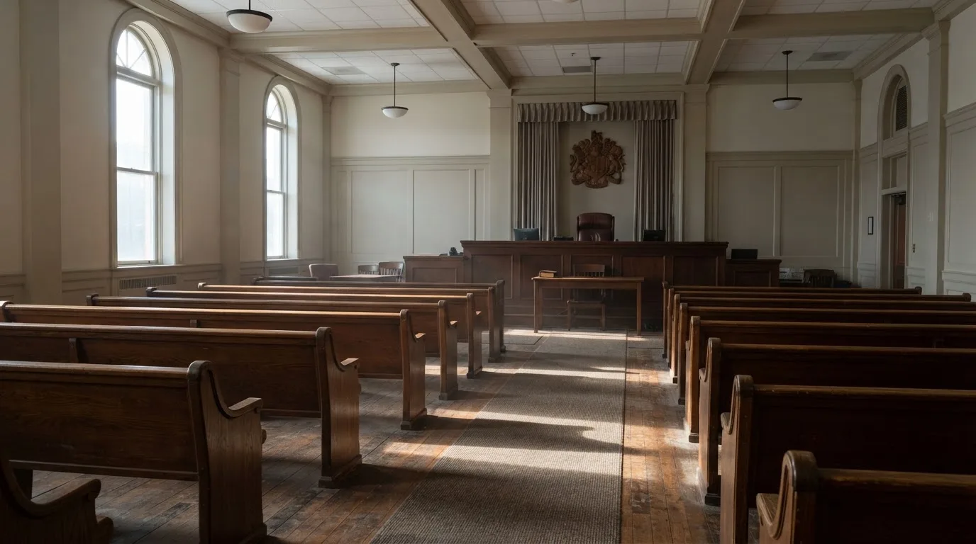 An empty courtroom with wooden benches in morning light