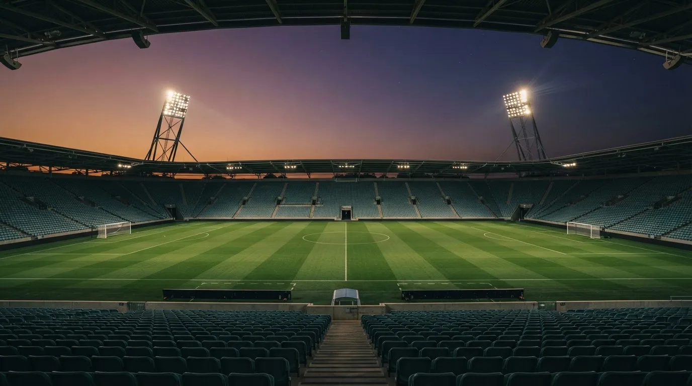 An empty football stadium with floodlight masts at dusk