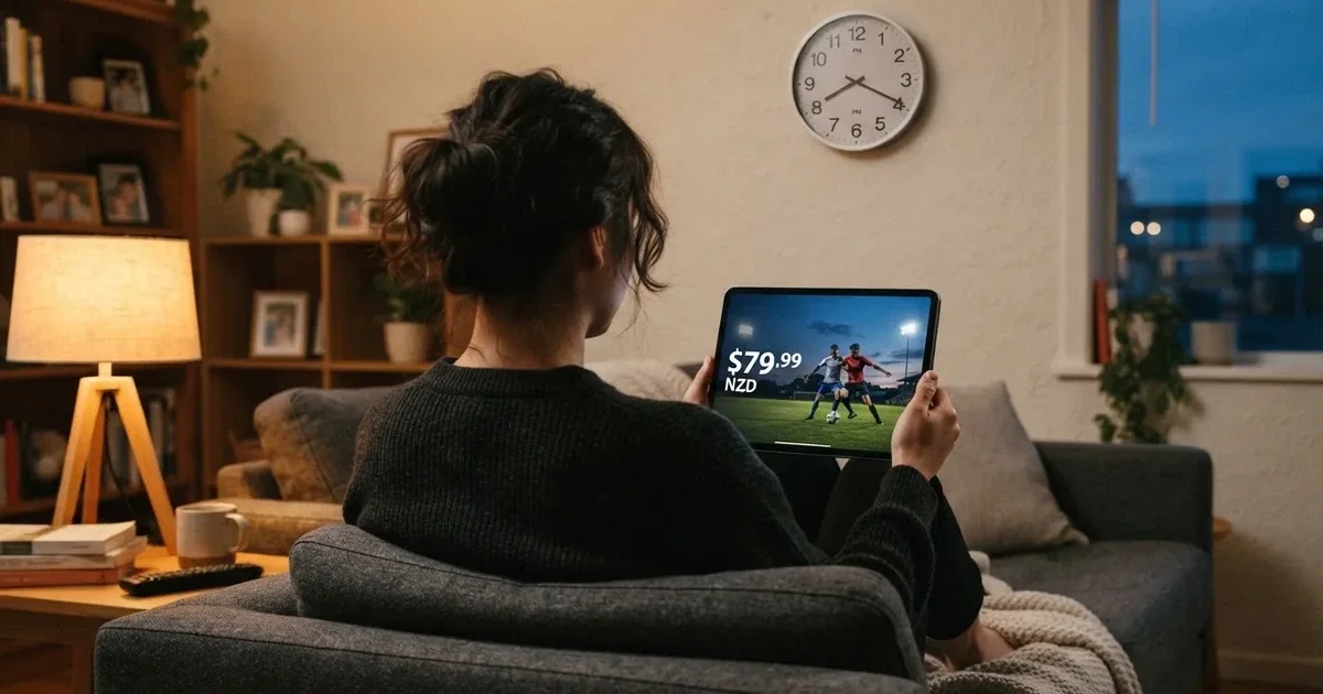A person on a sofa looking thoughtfully at a tablet, a wall clock in the background