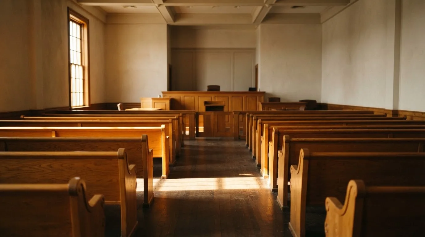 An empty courtroom with wooden benches in morning light