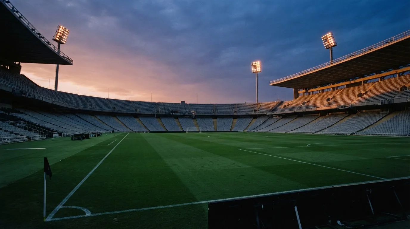 An empty football stadium with floodlight masts at dusk