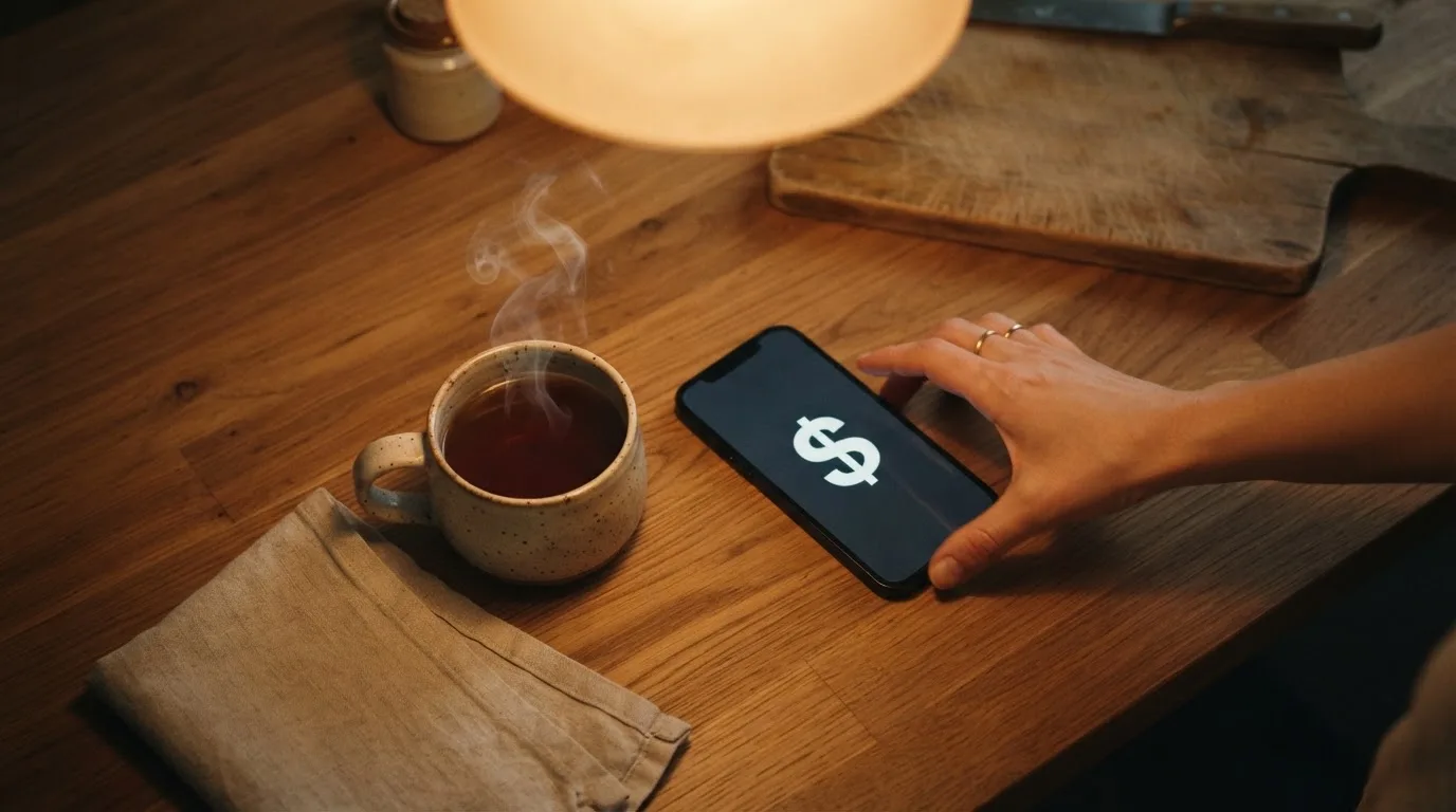 A hand setting a smartphone down beside a cup of tea on a kitchen table on a quiet evening