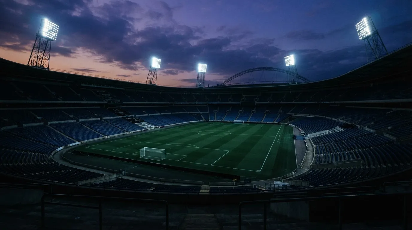 An empty football stadium with floodlight masts at dusk
