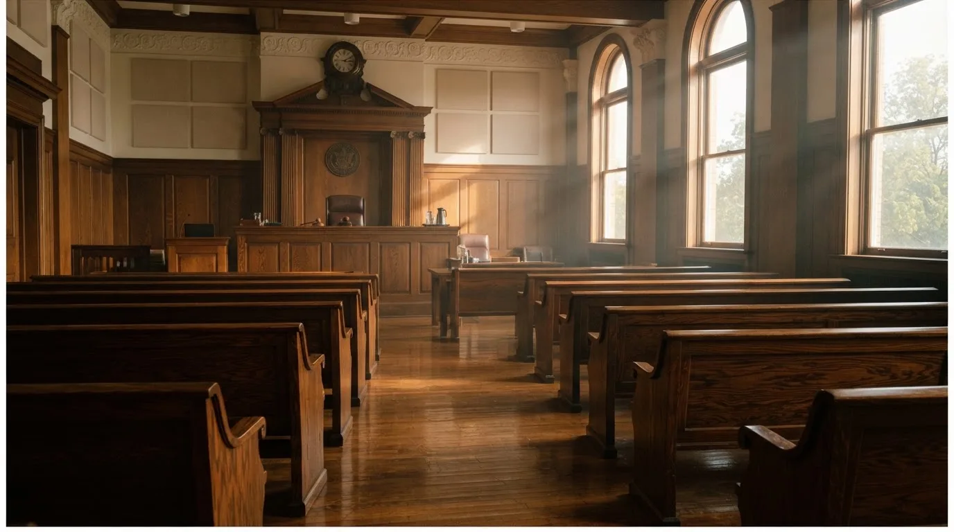 An empty courtroom with wooden benches in morning light