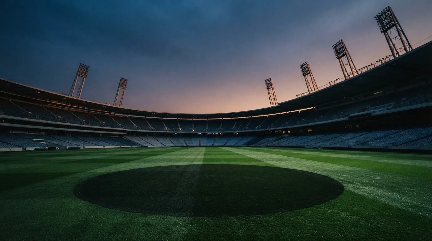 An empty football stadium with floodlight masts at dusk
