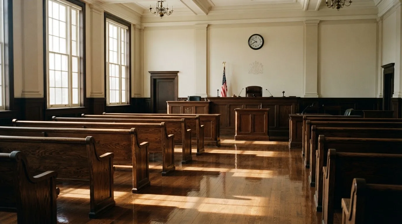 An empty courtroom with wooden benches in morning light