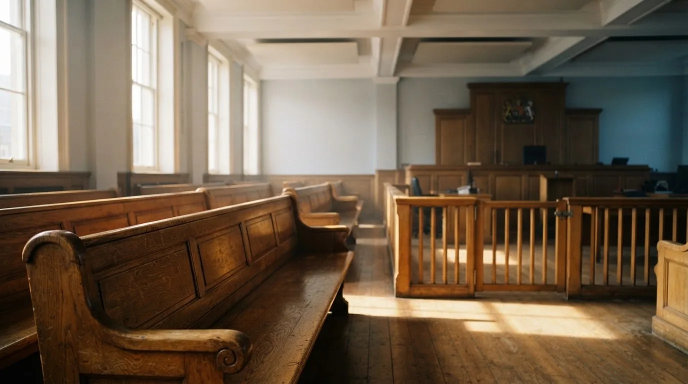 An empty courtroom with wooden benches in morning light