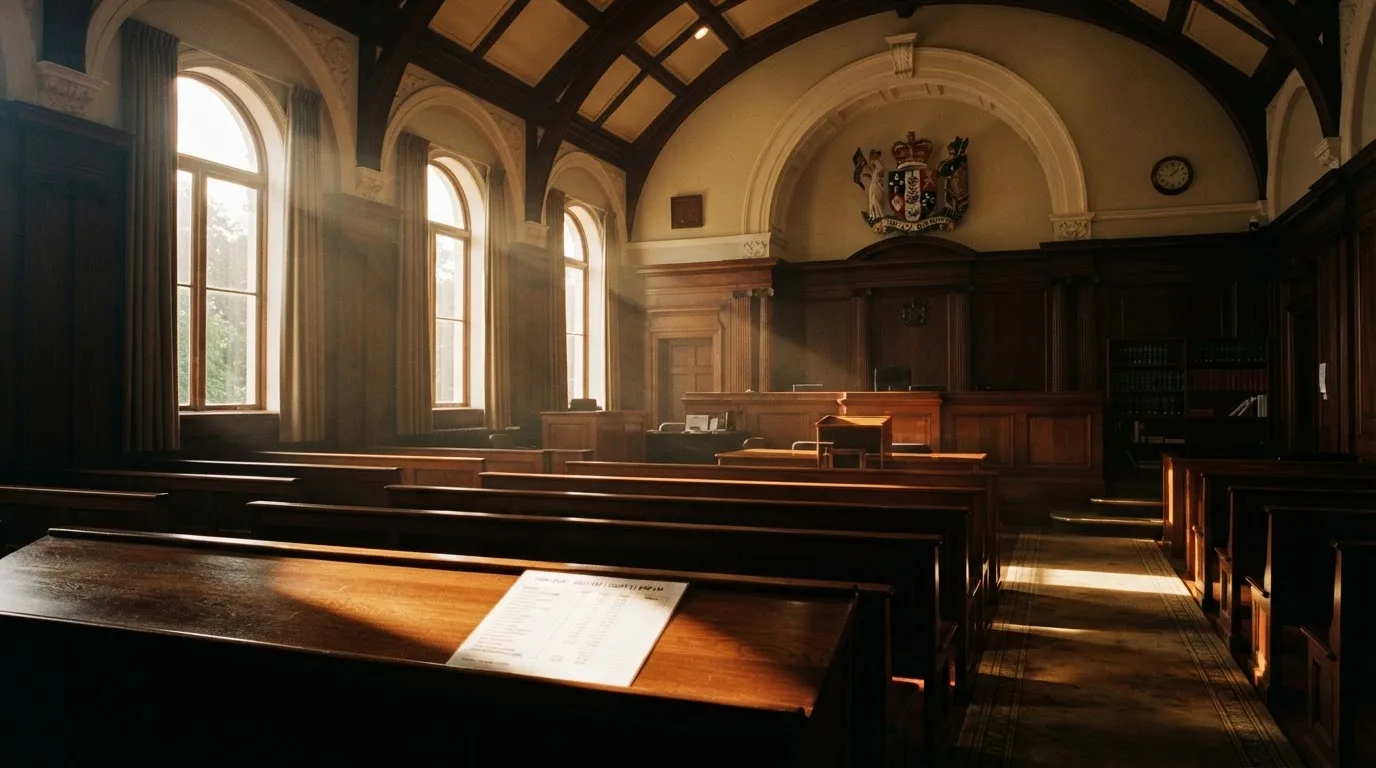 An empty courtroom with wooden benches in morning light