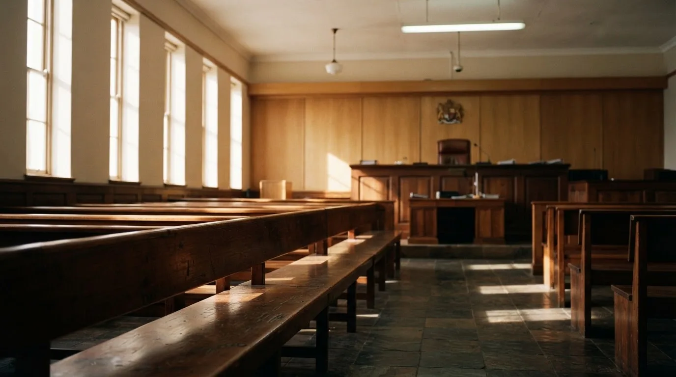 An empty courtroom with wooden benches in morning light
