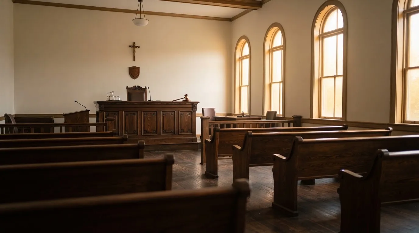 An empty courtroom with wooden benches in morning light