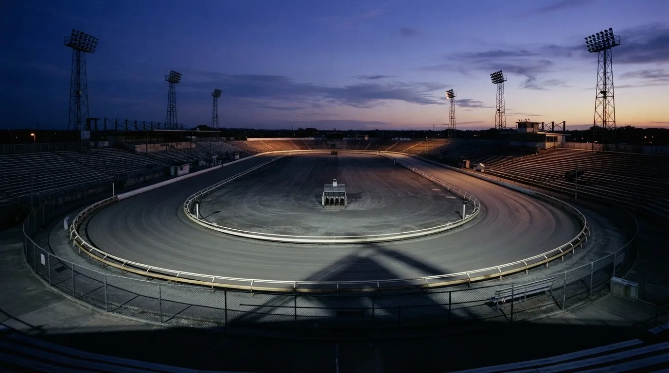 An empty football stadium with floodlight masts at dusk