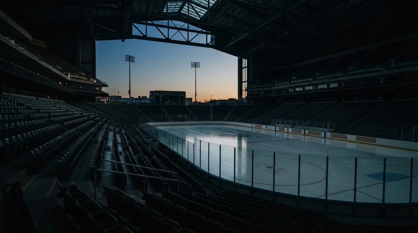 An empty football stadium with floodlight masts at dusk