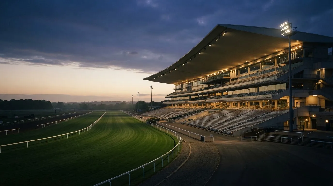 An empty football stadium with floodlight masts at dusk