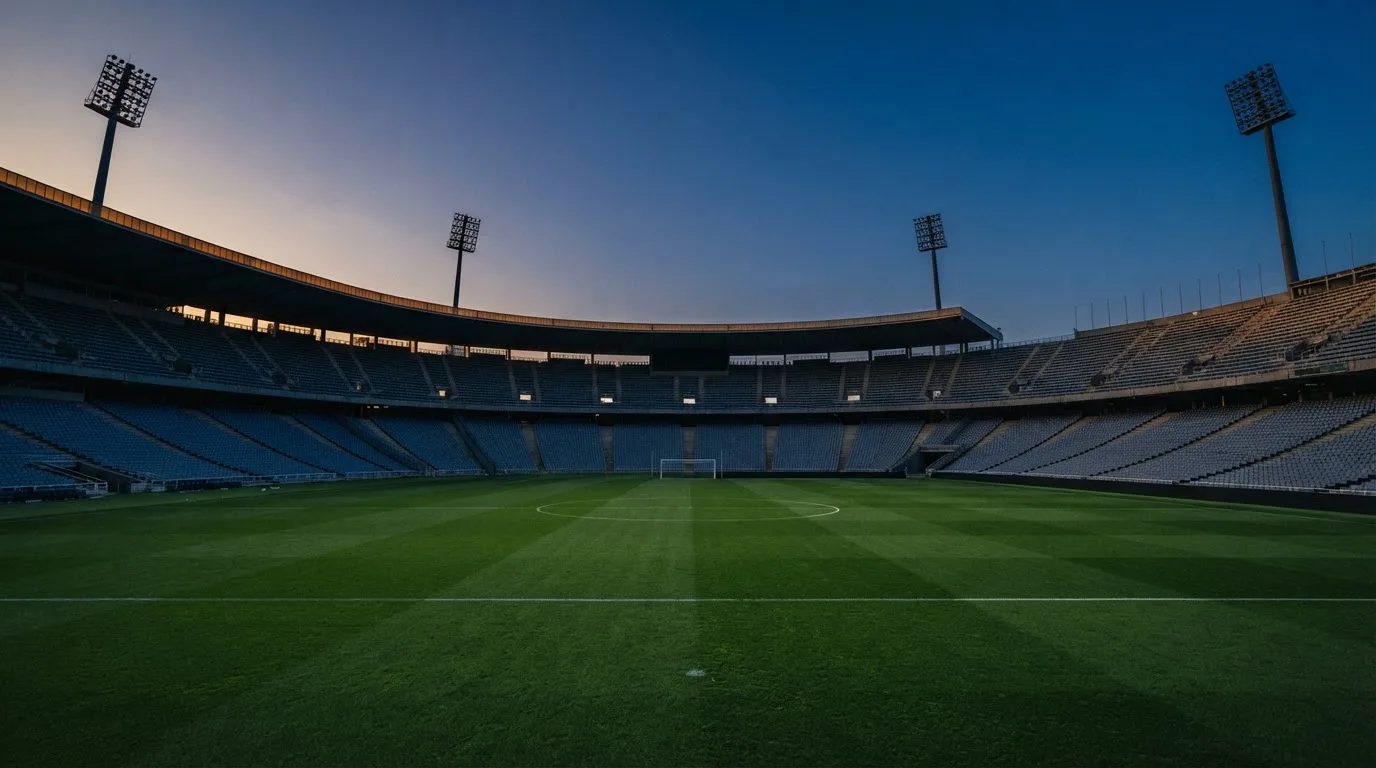 An empty football stadium with floodlight masts at dusk