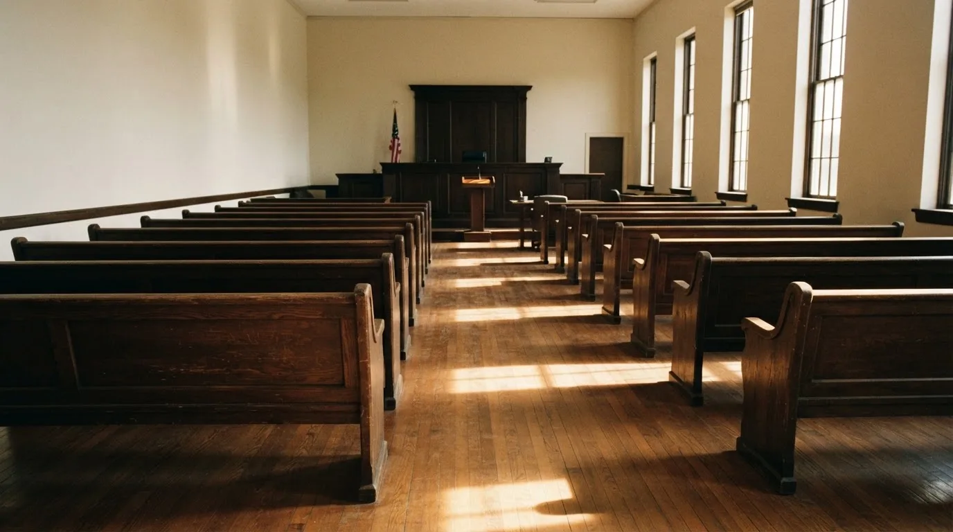 An empty courtroom with wooden benches in morning light