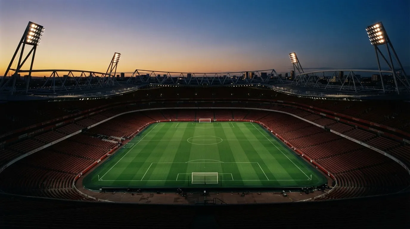 An empty football stadium with floodlight masts at dusk