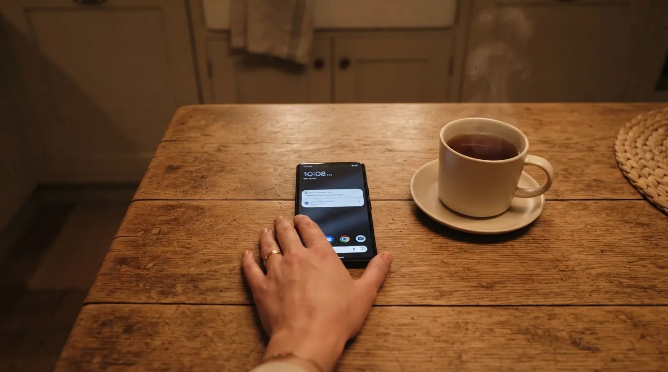 A hand setting a smartphone down beside a cup of tea on a kitchen table on a quiet evening