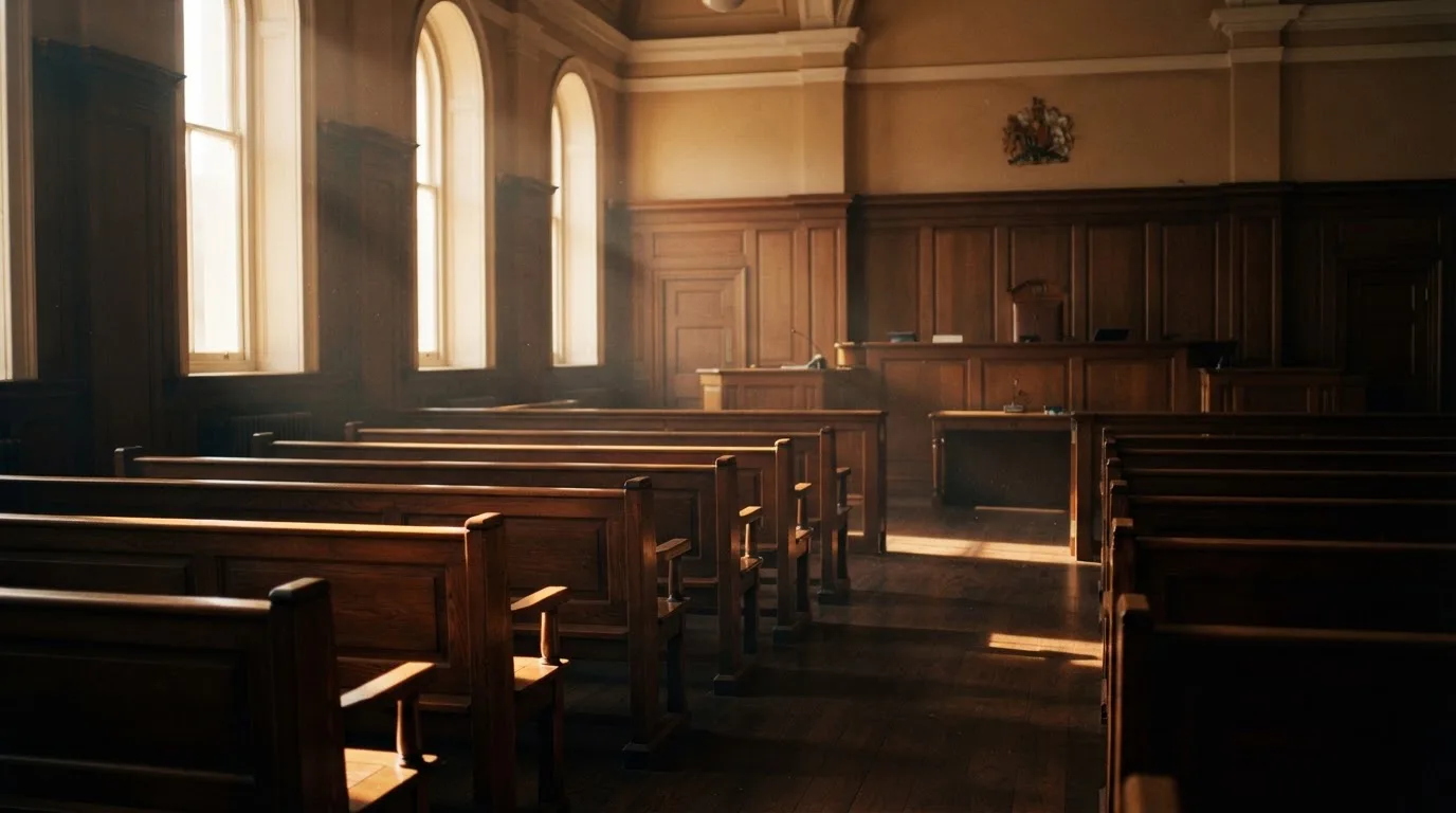 An empty courtroom with wooden benches in morning light