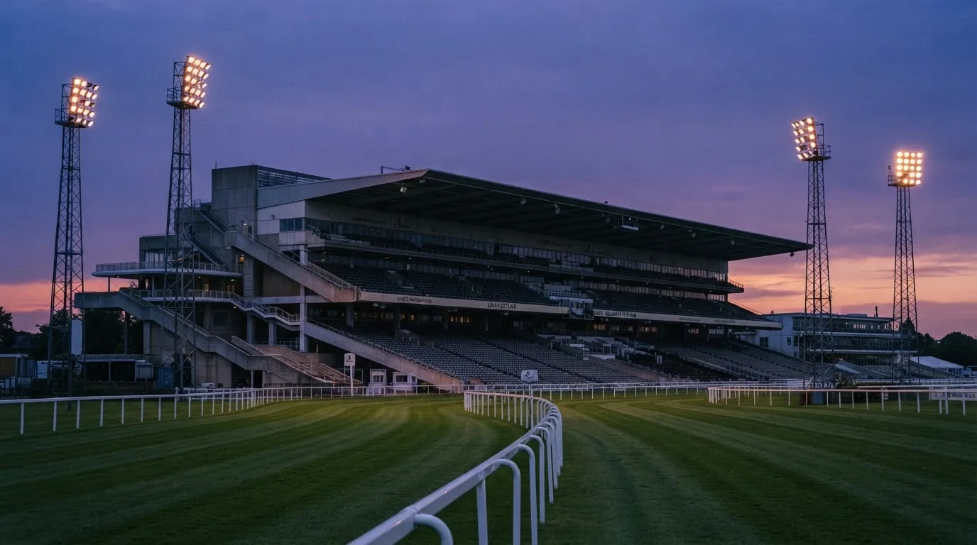 An empty football stadium with floodlight masts at dusk