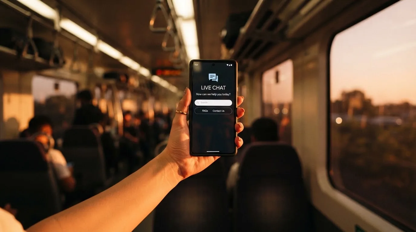 A hand holding a smartphone on a train in the evening, screen turned away