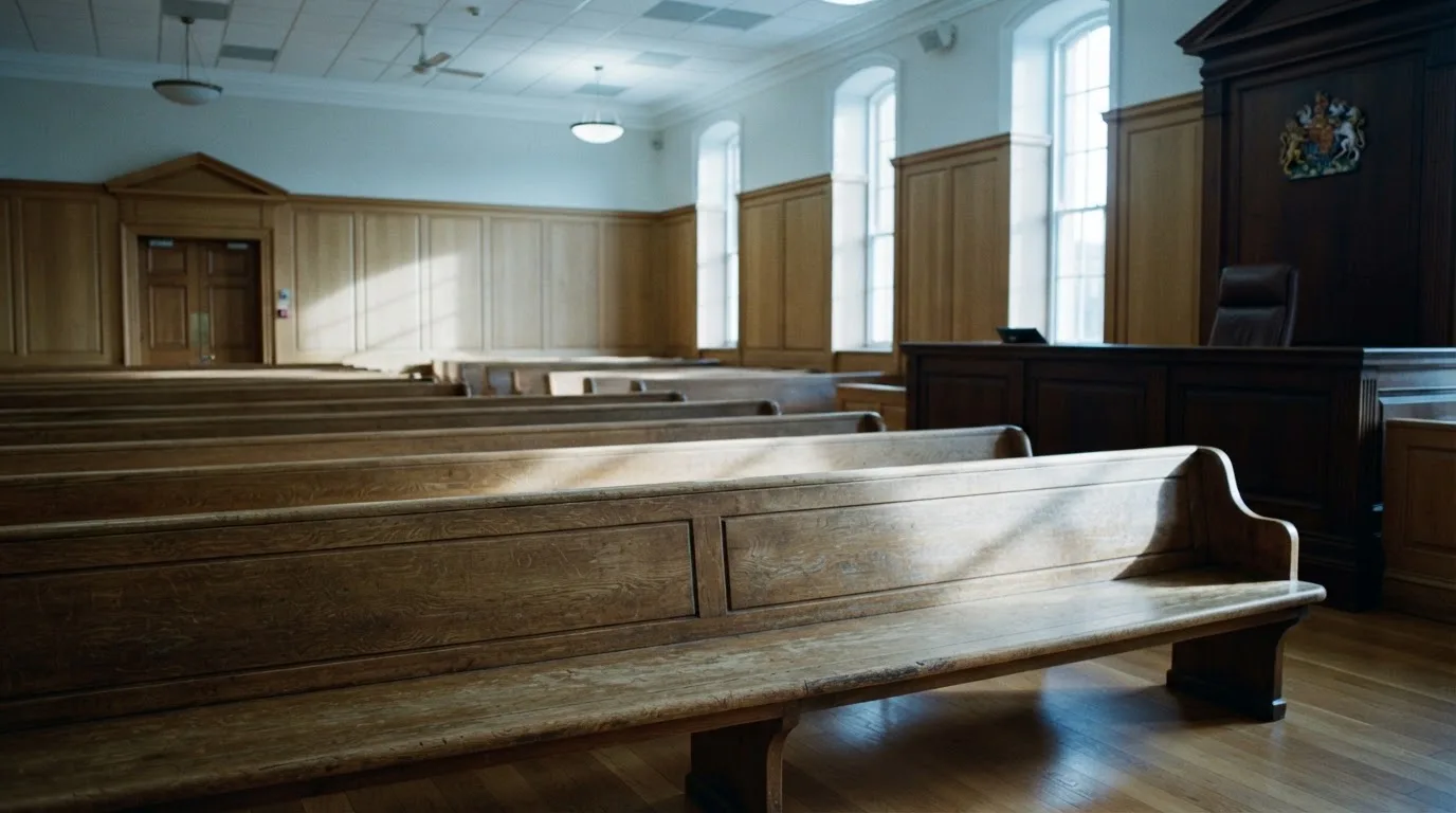 An empty courtroom with wooden benches in morning light