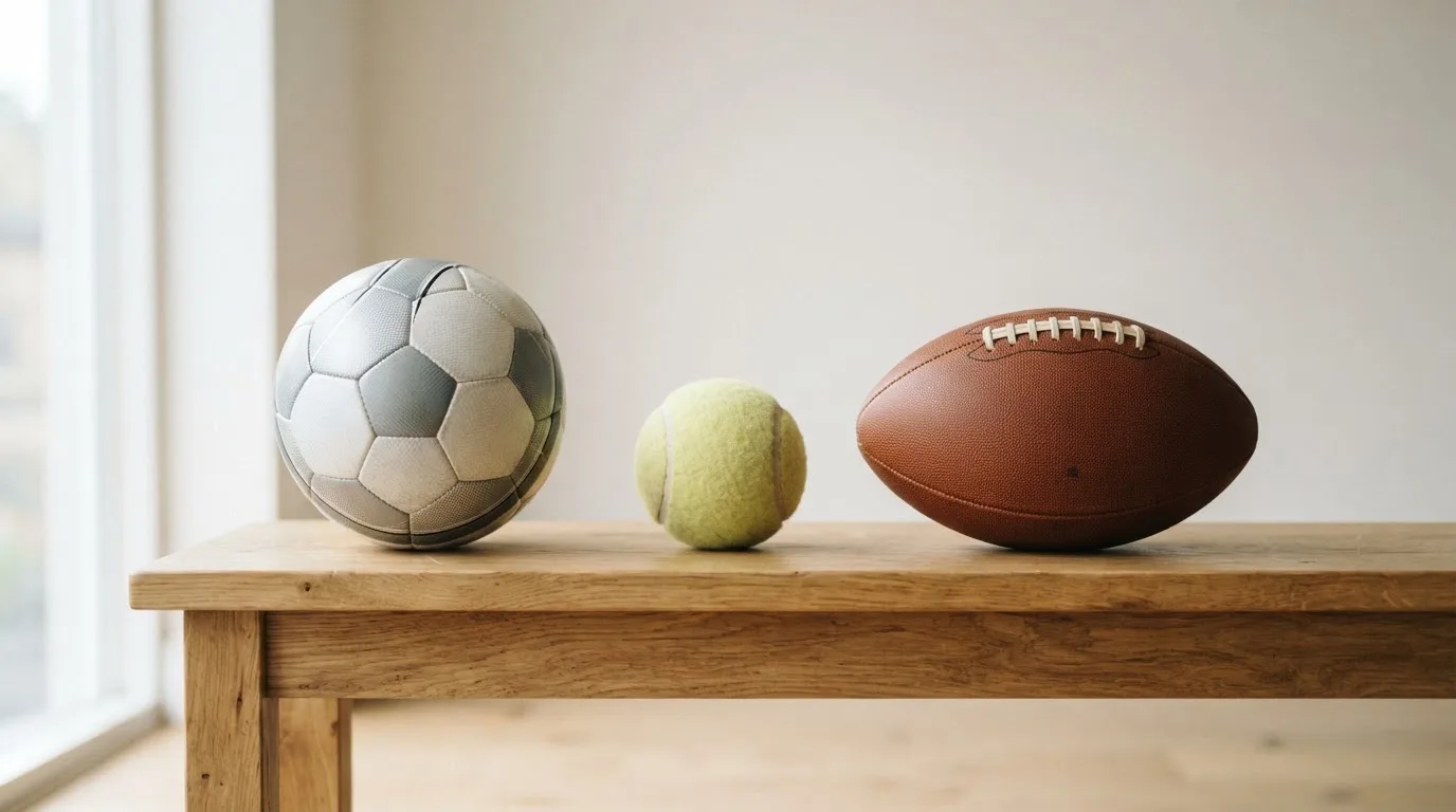 Three balls of different kinds side by side on a wooden bench