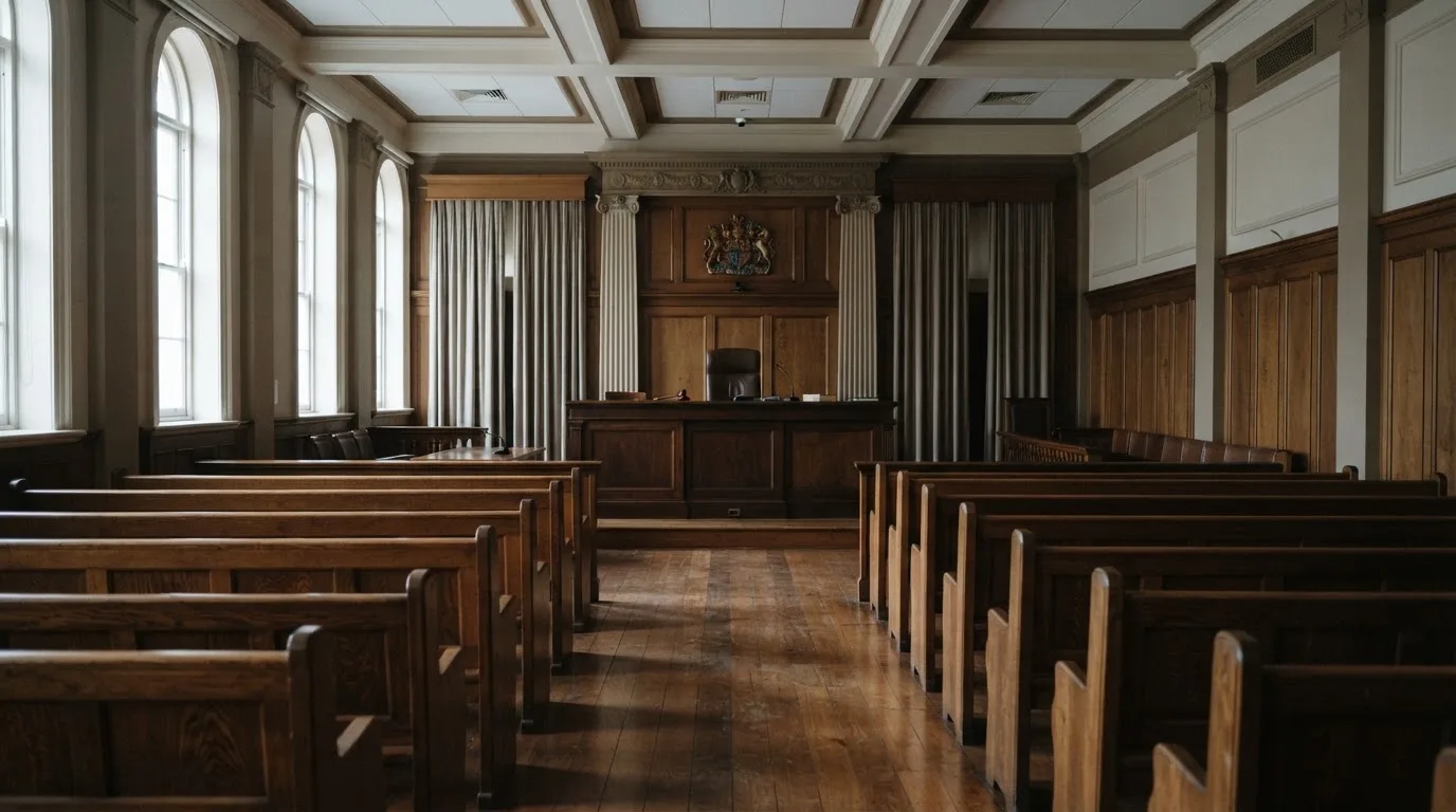 An empty courtroom with wooden benches in morning light