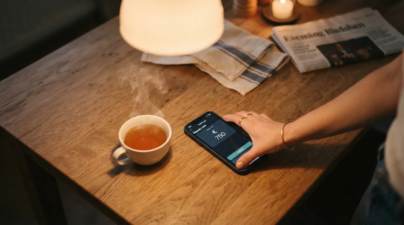 A hand setting a smartphone down beside a cup of tea on a kitchen table on a quiet evening