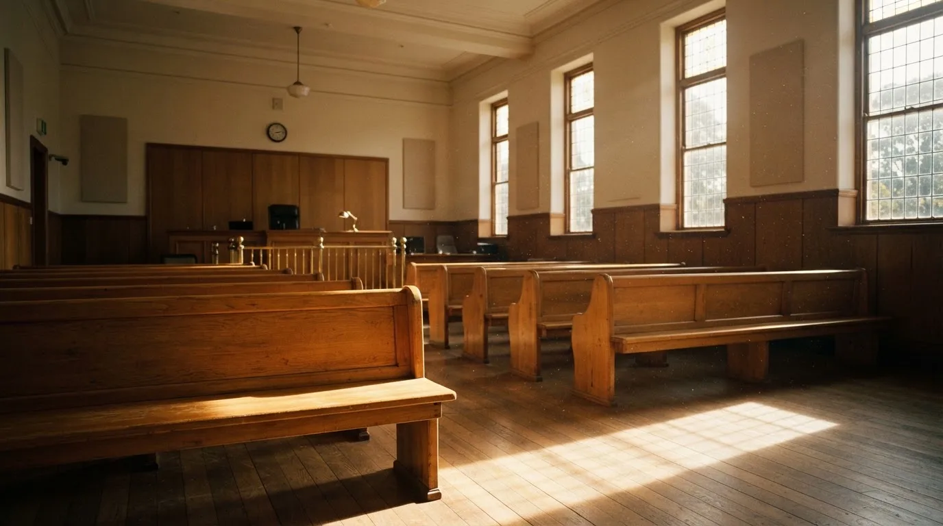 An empty courtroom with wooden benches in morning light