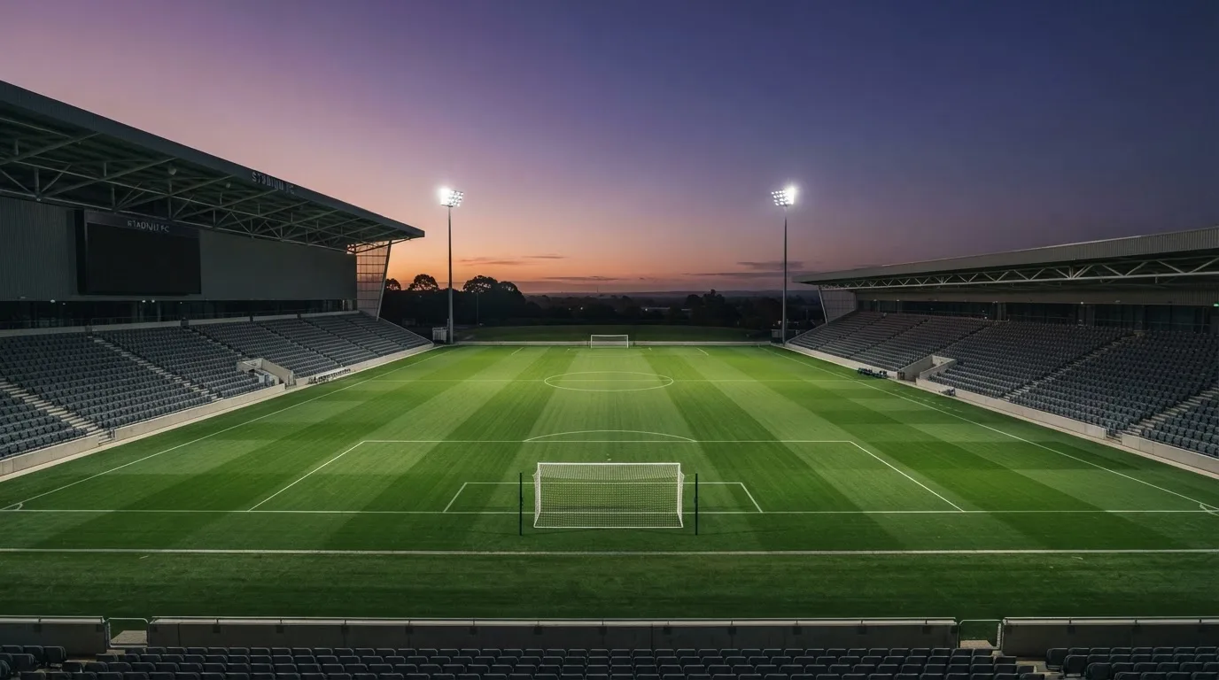 An empty football stadium with floodlight masts at dusk