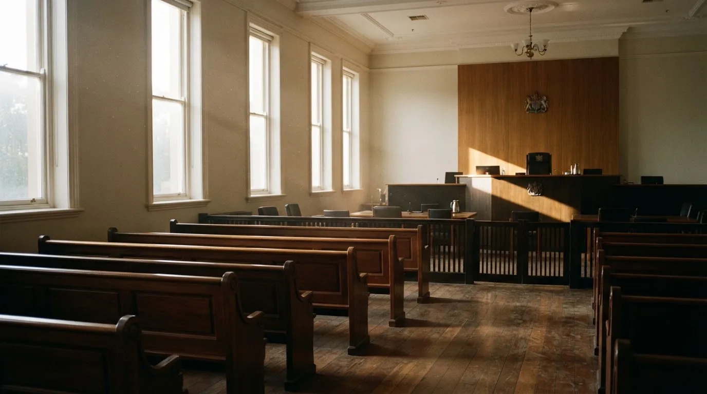 An empty courtroom with wooden benches in morning light