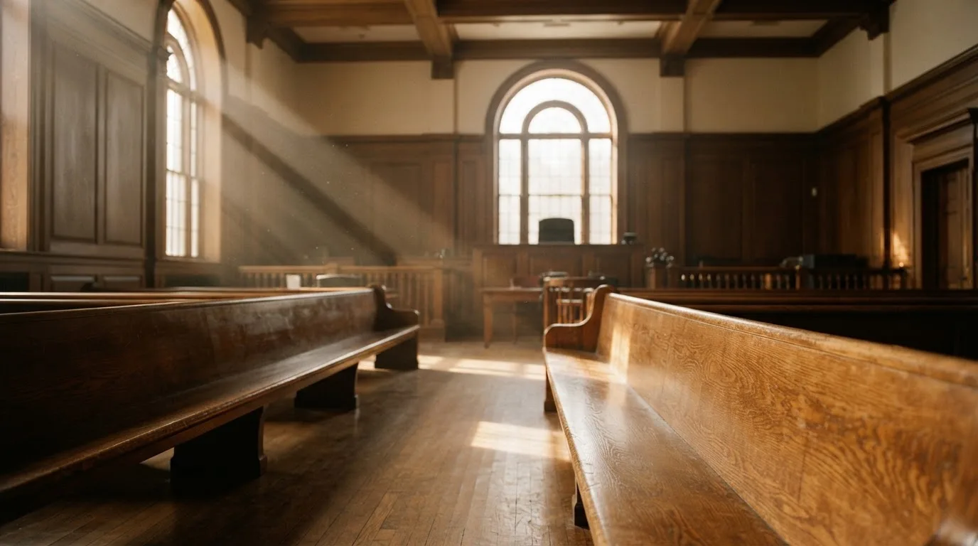 An empty courtroom with wooden benches in morning light
