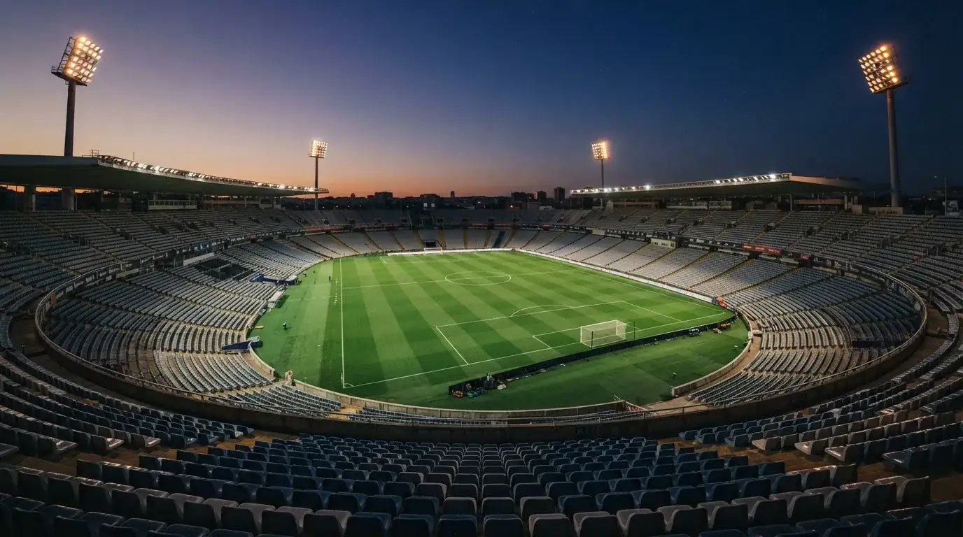 An empty football stadium with floodlight masts at dusk