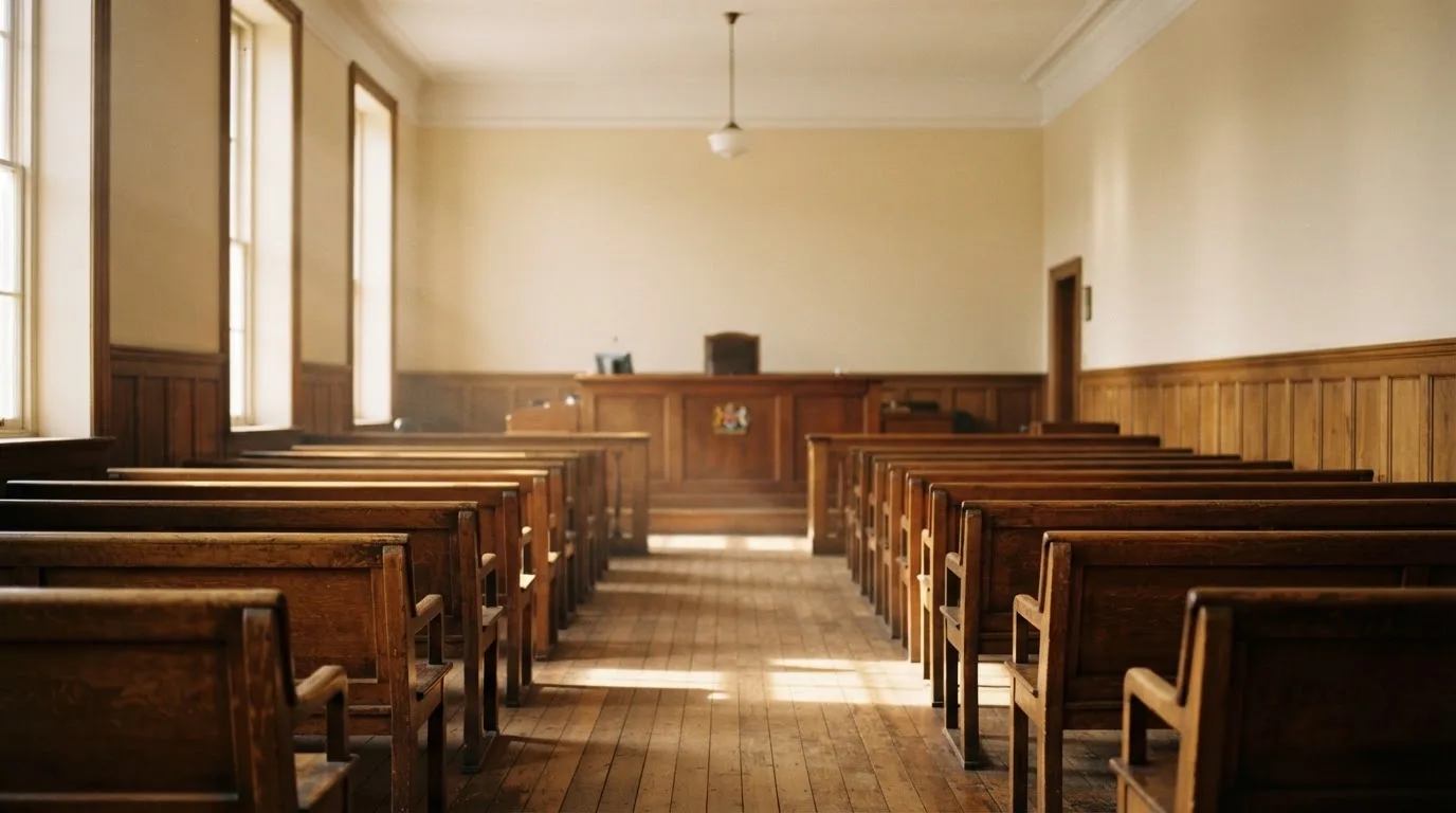 An empty courtroom with wooden benches in morning light